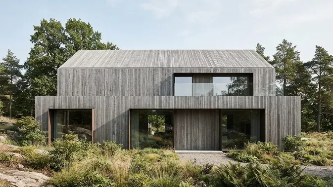 Desain Fasad Monolitik dengan Kelanjutan Panel ke Atap (Seamless Roof Cladding). Foto: AI Generated