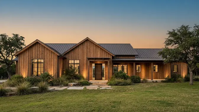 Fasad Rumah Peternakan Modern dengan Aksen Papan dan Batten (Board and Batten). Foto: AI Generated