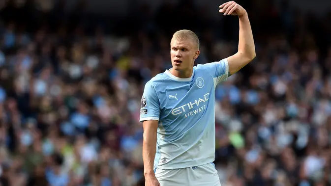 Erling Haaland Selebrasi striker Manchester City Erling Haaland usai merobek gawang Coventry City pada laga Liga Inggris 2026/2027, Sabtu (5/9/2026). (AFP/Peter Powell)