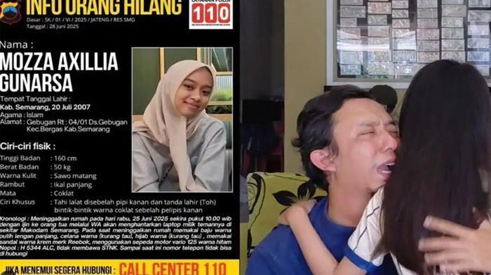 PELUK ADIK - (kanan-kiri) Ayah Mozza, Singgih memeluk sang adik Mozza saat mengenang anak sulungnya, Rabu (8/7/2026). Pamflet hilangnya Mozza yanh diterbitkan Polres Semarang yang diunggah di media sosial.