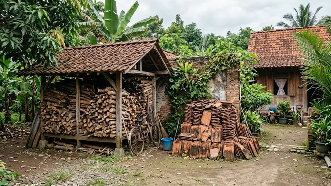 Tumpukan Kayu, Genteng, dan Material Bangunan. (Gambar: AI Generated)