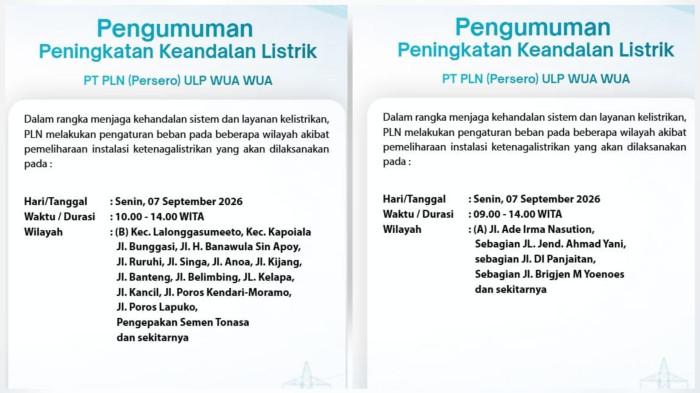 Pengumuman pemadaman listrik di Kendari 7 September 2026 dari PLN ULP Wua-Wua
