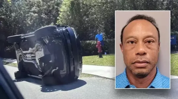 The scene of the accident and a mug shot of Tiger Woods after his arrest. Photo by AP