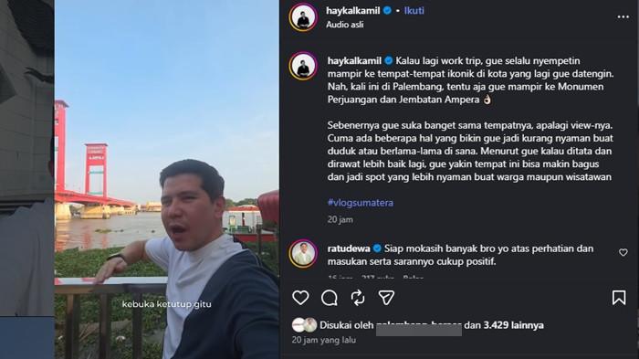 VLOG SUNGAI MUSI : Konten kreator Haykal Kamil menyoroti kondisi kawasan Jembatan Ampera dan tepian Sungai Musi saat melakukan vlog ke Monumen Perjuangan Rakyat Sumsel hingga ke Jembatan Ampera. Tangkapan layar Instagram @haykalkamil