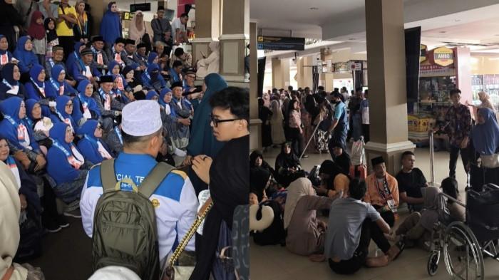 BANDARA-Ratusan jamaah umrah memilih bertahan di Bandara Fatmawati Soekarno Bengkulu, Minggu (6/9/2026), setelah penerbangan yang seharusnya membawa mereka menuju Jakarta dibatalkan akibat dampak erupsi Gunung Anak Krakatau (GAK).