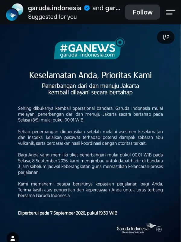 Informasi layanan penerbangan Garuda Indonesia di akun Instagram resminya, @garuda.indonesia.