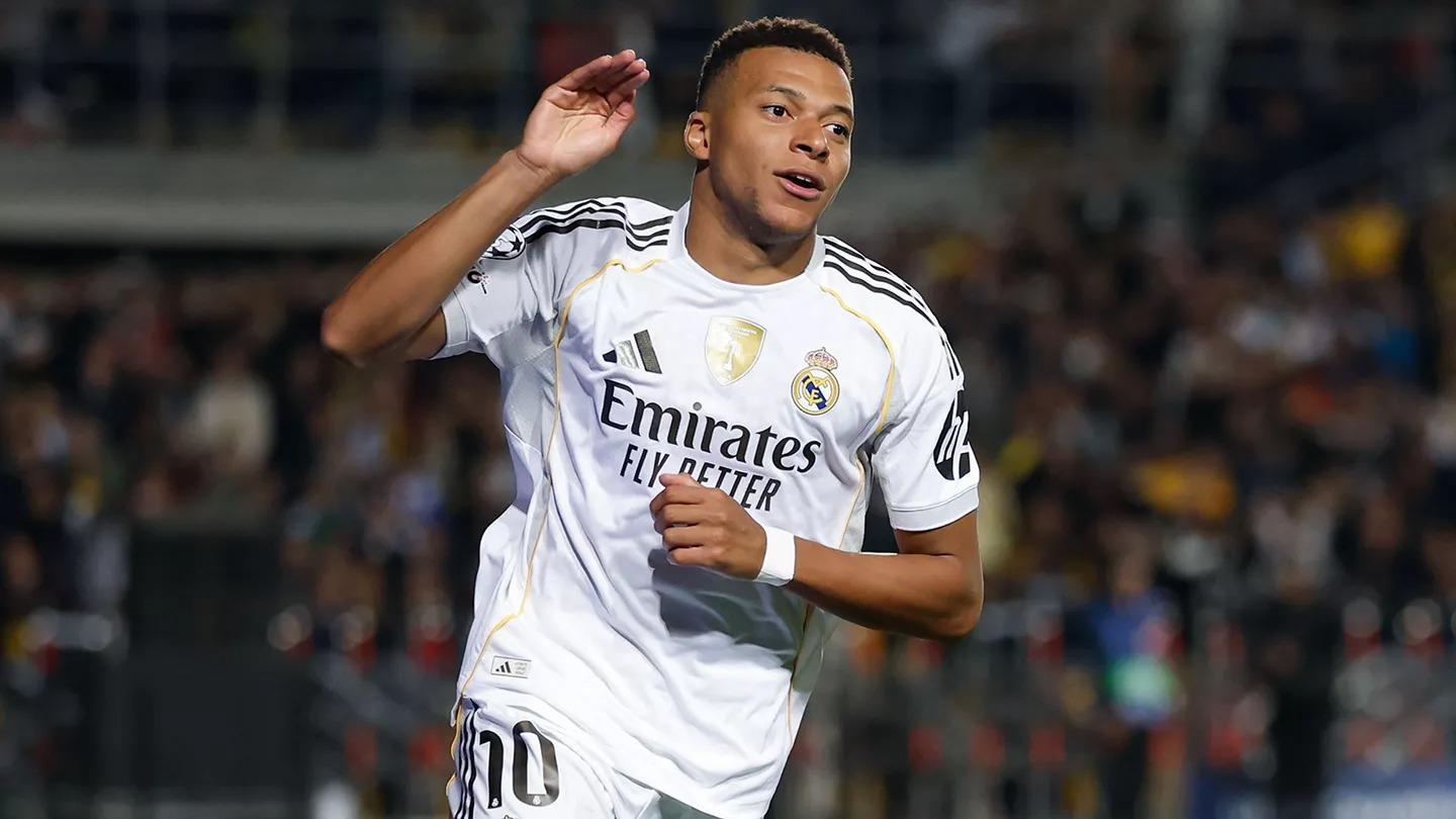 SELEBRASI MBAPPE - Pemain Real Madrid, Kylian Mbappe, merayakan gol yang dicatatkan ke gawang Kairat Almaty pada matchday kedua Phase League di Ortalyq stadıon, Selasa (30/9/2025) malam WIB. (Website Madrid - 1/10/2025)