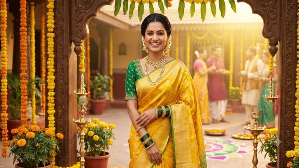 Enhance the glow of the festival with yellow saree Enhance the glow of the festival with yellow saree