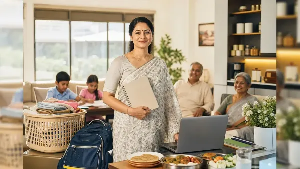 Focused Indian mother calculating monthly expenses while children study and husband prepares food in modern kitchen background.