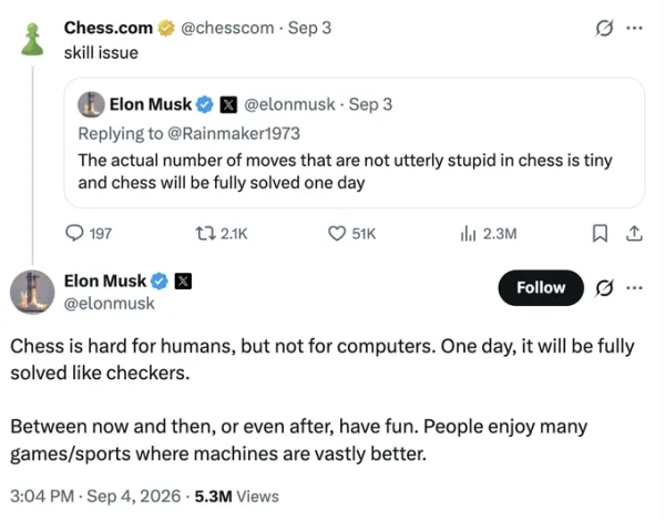 A screenshot of the debate between Elon Musk and Chess.com on X.