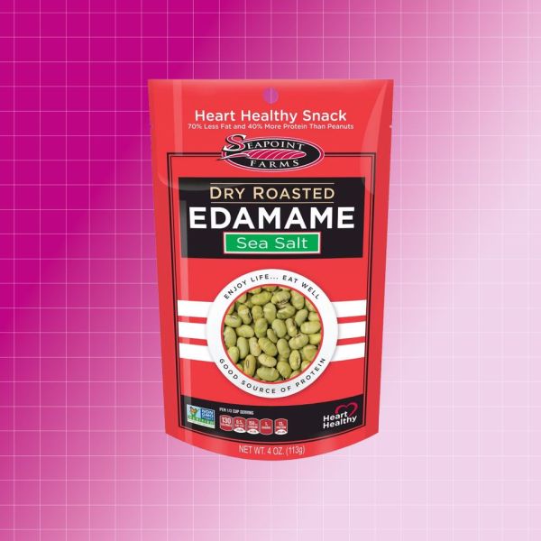 A package of dry roasted edamame snack labeled Sea Salt Credit: Target. EatingWell design.
