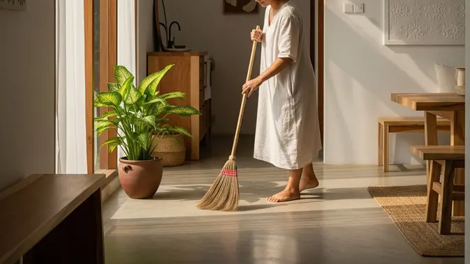 Trik Menyapu Rumah Sempit Biar Debu Tidak Terbang dan Nempel Lagi. (Foto: AI)