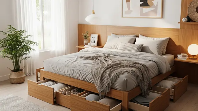 Kamar Tidur dengan Tempat Tidur Ber-laci/Desain Ruangan Serbaguna dengan Penyimpanan Tersembunyi (Sumber: gemini.com)
