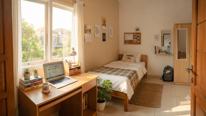 Desain Kamar Kos yang Bikin Penghuninya Bangun Pagi yang Cocok untuk Pekerja dan Mahasiswa yang Sering Kesiangan Model Meja Belajar Dekat Sumber Cahaya (image generated by AI)