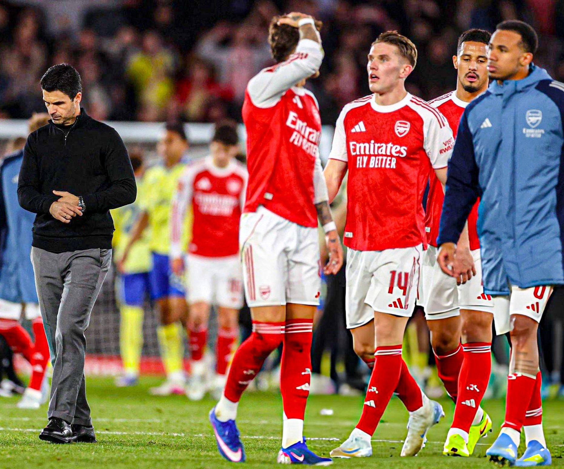Kekecewaan Arsenal setelah disingkirkan Southampton dari babak 8 besar Piala FA, Minggu (5/4/2026).