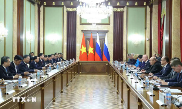 At the meeting between General Secretary of the Communist Party of Vietnam Central Committee and President To Lam and Russian Prime Minister Mikhail Mishustin in Moscow on Sep. 8, 2026. Photo by VNA