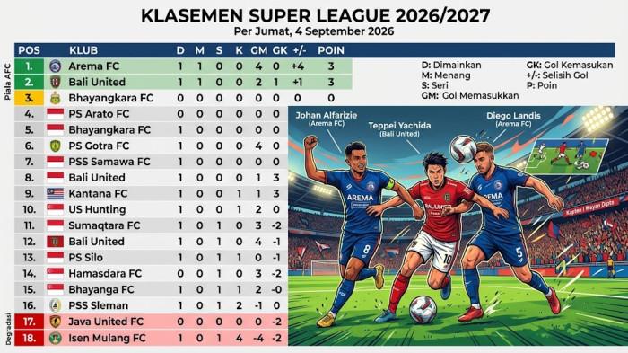 KLASEMEN SUPER LEAGUE 2026/2027 -- Update Hasil Klasemen Super League 2026/2027: Isenmulang Kandas 0-4, Bali United Pepet Arema FC.