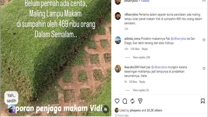 KEMALINGAN -- Ayah Vidi Aldiano, Harry Kiss mengabarkan jika makam sang penyanyi mengalami kemalingan. setelah lampur solar panel yang dipasang di makam raib entah kemana, Rabu (9/9/2026).