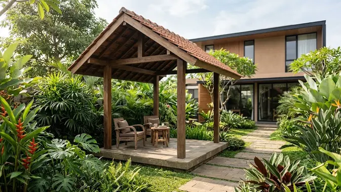 Gazebo Kayu dengan Atap Pelana. (AI Generated)