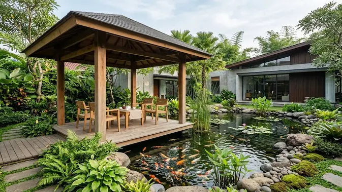 Gazebo Minimalis di Dekat Kolam Ikan. (Gambar: AI Generated)