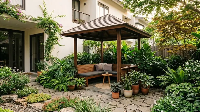 Gazebo Minimalis di Sudut Taman. (Foto: AI Generated)