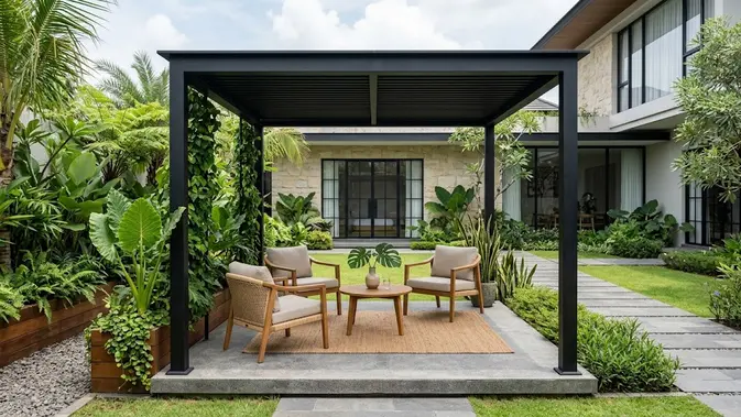 Gazebo Besi Hitam Bergaya Modern. (Gambar: AI Generated)