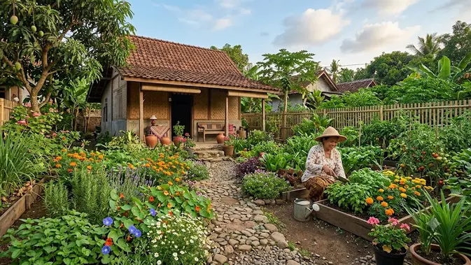 Inspirasi Halaman Rumah Kampung dengan Kebun Bunga/AI Generated