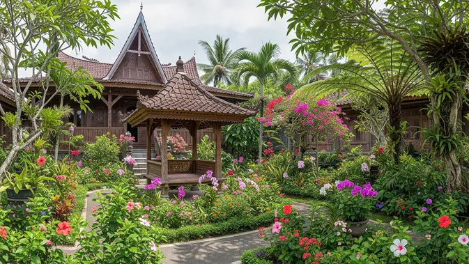 Inspirasi Halaman Rumah Kampung dengan Kebun Bunga/AI Generated