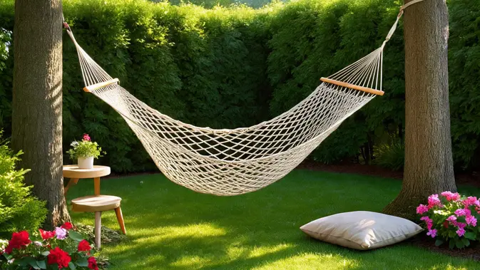 Hammock di halaman belakang rumah. ©Ilustrasi MetaAI