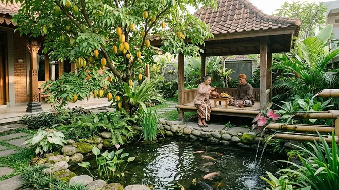 Desain Taman dengan Pohon Blimbing dan Kolam. (AI Generated)