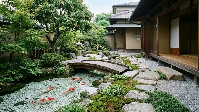 Taman Zen Jepang dengan Pohon Kelengkeng. (AI Generated)