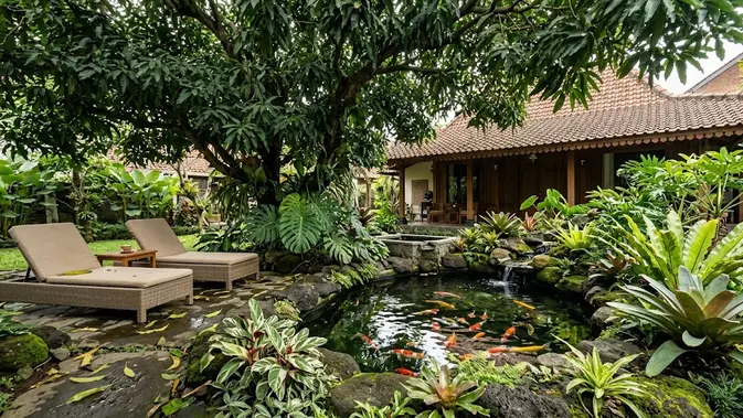 Taman dengan Pohon Mangga dan Kolam Koi. (AI Generated)