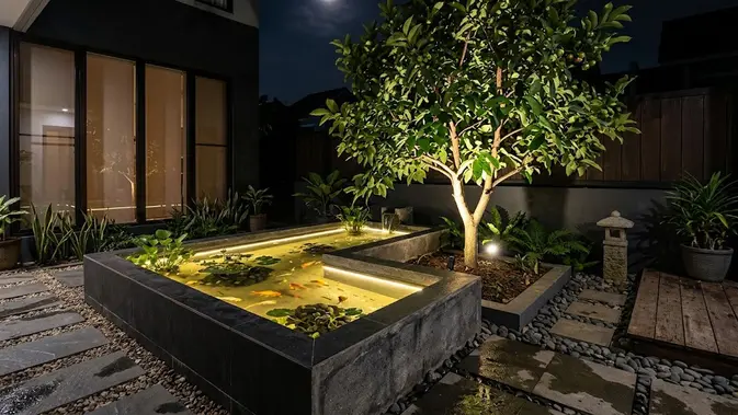 Desain Minimalis Modern dengan Pohon Jambu Air. (AI Generated)