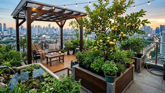 Desain Rooftop Garden dengan Jambu Biji Kristal dan Kolam. (AI Generated)
