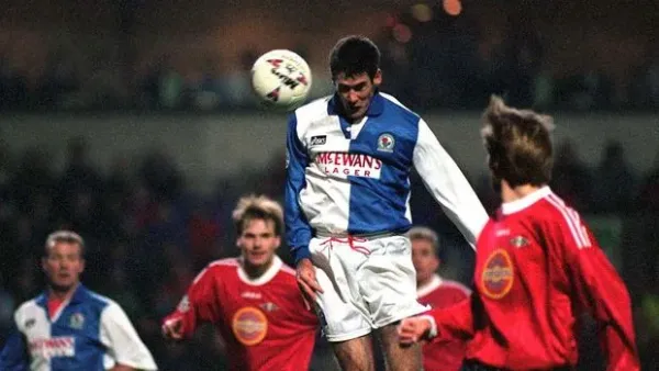 Blackburn Rovers hat trick hero Mike Newell scores his second goal with a header against Rosenborg in the UEFA Champions League Match  at Ewood Park.   (Photo by Rui Vieira - PA Images/PA Images via Getty Images)
