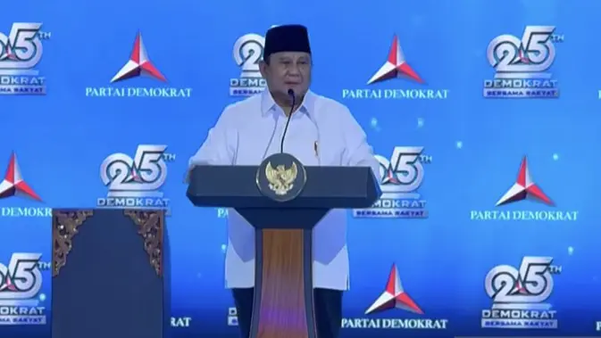Presiden Prabowo Subianto memberikan pidato dalam perayaan HUT ke-25 Partai Demokrat di Indonesia Arena, Jakarta, Rabu (9/9/2026) (Istimewa)