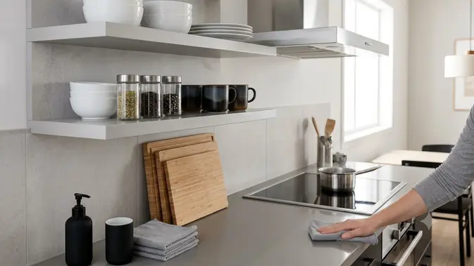 Ilustrasi Floating Shelves Kayu Lapis HPL (High Pressure Laminate). Foto: AI Generated