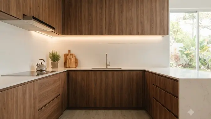 Ilustrasi Kitchen Set Kayu Natural + Backsplash Putih Polos. Foto: AI Generated