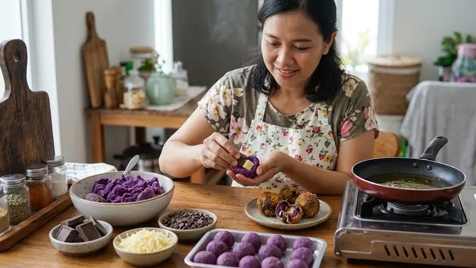 Membuat ubi ungu cokelat keju. [AI Generated]