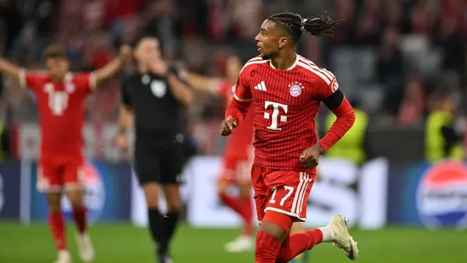 Pemain Bayern Munchen, Michael Olise, merayakan gol ke gawang Bodo/Glimt dalam laga matchday pertama Liga Champions 2026/2027, Jumat (11/9/2026) dini hari WIB. (AP Photo/Lennart Preiss)