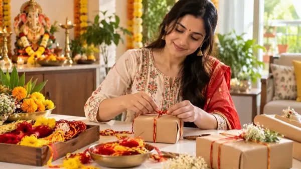 Reusable kalawa and mauli from Ganpati puja being used for gift decoration.