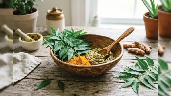 Natural Ayurvedic herbal face pack with fresh neem leaves and turmeric powder in rustic bowl on wooden table.