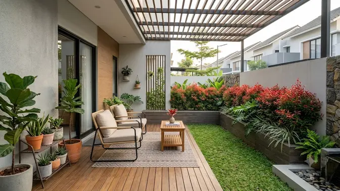 Ide Teras Rumah Tipe 36 dengan Pucuk Merah Tanpa Terlihat Sempit/AI Generated